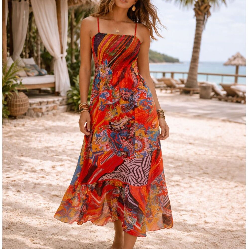 Peter Nygard Tiered Animal Print Orange Midi Dress 10 Silk Flowy Smocked Resort